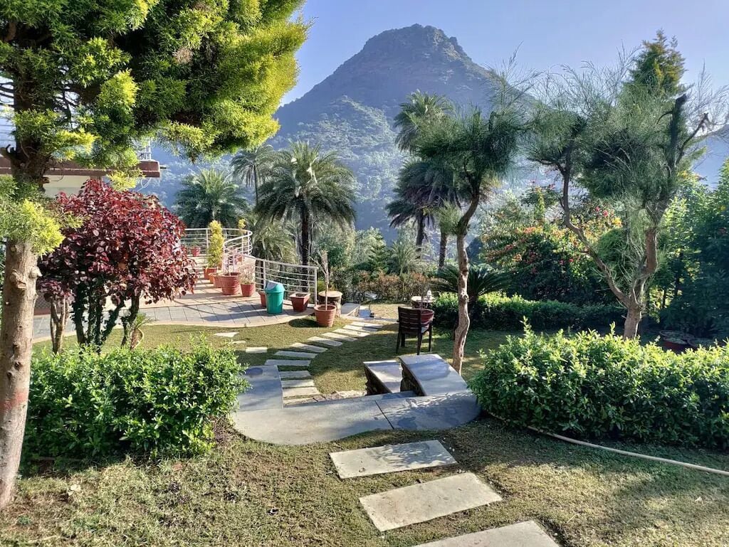 A landscaped garden with a paved pathway, palm trees, and a mountain in the background.