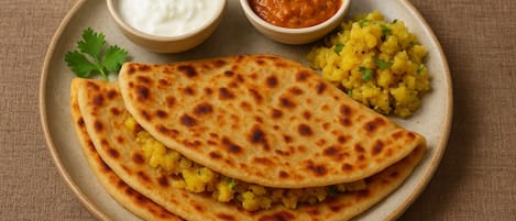 A plate with two pieces of flatbread, a side of mashed potatoes, and two small bowls of sauce.