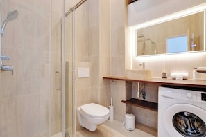 Shower, hair dryer, towels