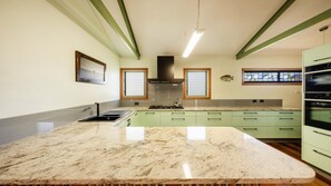 A kitchen with a marble countertop, green cabinets, a stove, and a fish decoration on the wall.