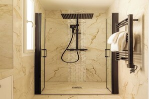 Shower, hair dryer, towels