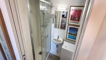 A compact bathroom with a glass-enclosed shower, a sink, and a mirror.