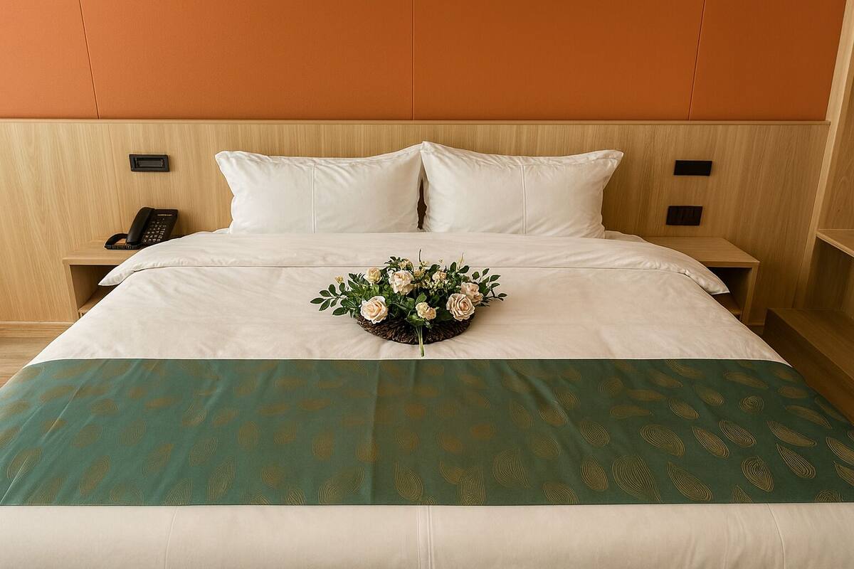 A hotel room with a neatly made bed, a bedside phone, and a floral arrangement on the bed.