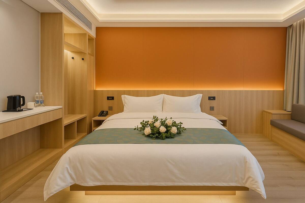 A modern hotel room with a large bed, bedside tables, a desk, and a sofa.