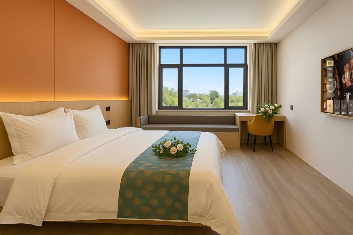 A hotel room with a large bed, a desk, and a window with a view of greenery.