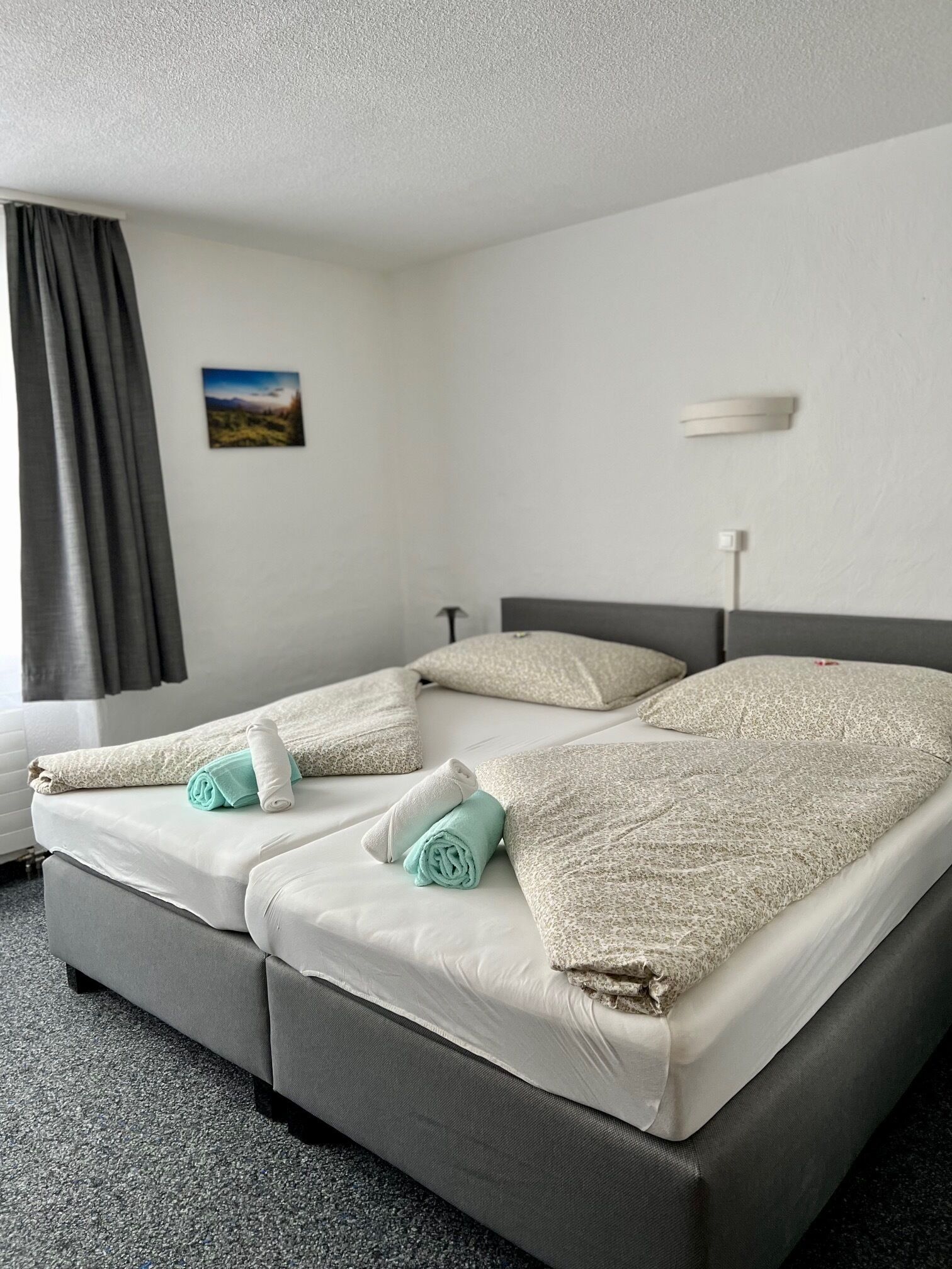 Una cama doble con dos almohadas y una colcha, una mesita de noche, una lámpara de pared y un cuadro en la pared.