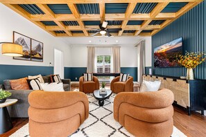 Smart TV, fireplace, video games, foosball