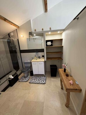 Shower, towels, soap, toilet paper