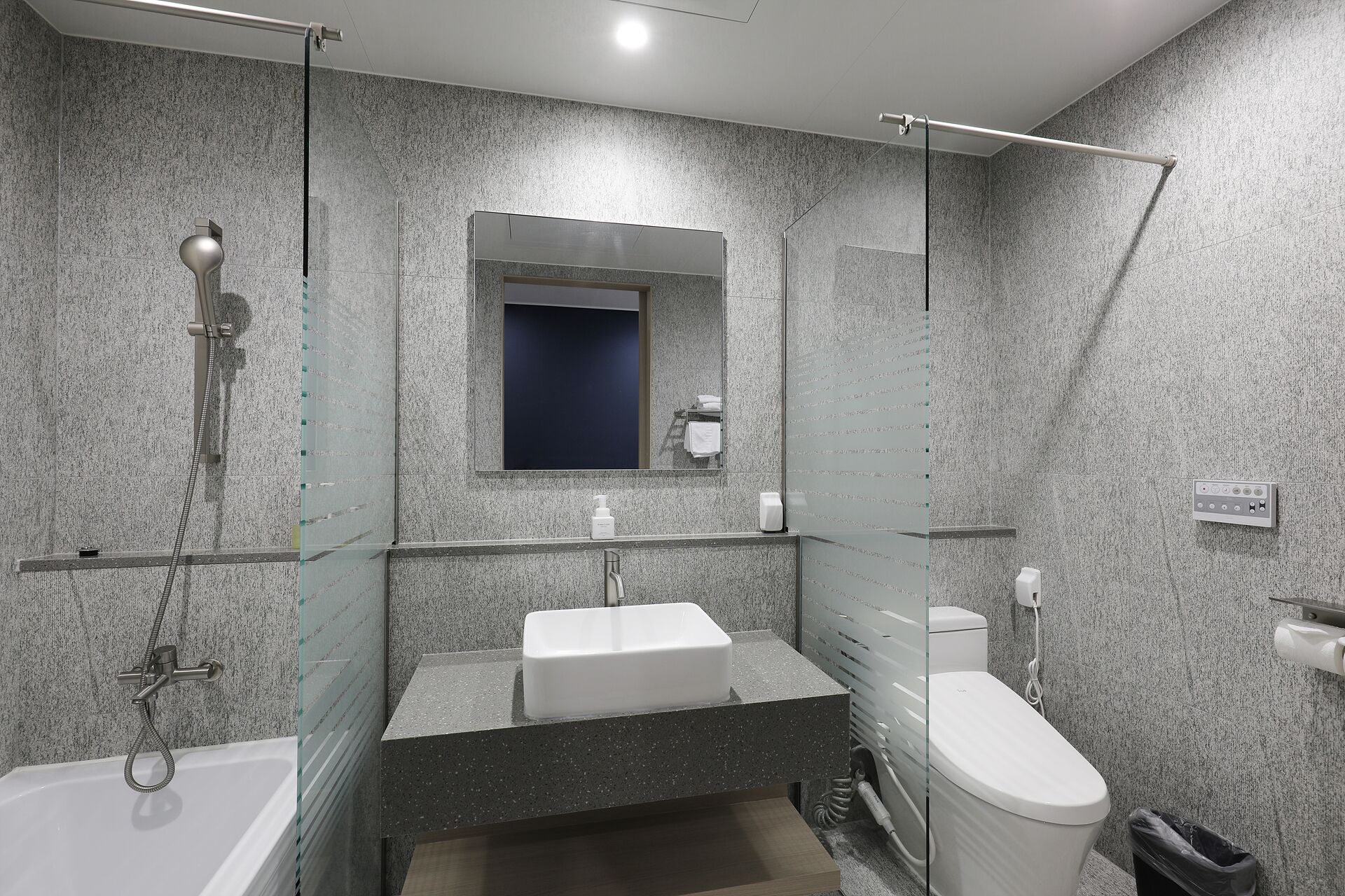 A modern bathroom with a glass shower enclosure, a white sink, and a toilet.