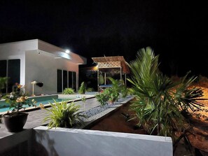 A modern house with a swimming pool, surrounded by potted plants and a well-lit outdoor area at night.