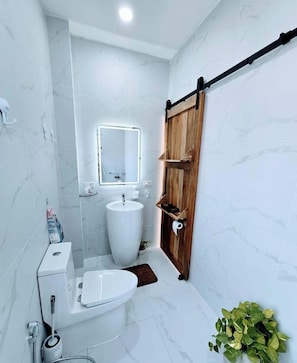 A bathroom with a toilet, sink, mirror, and wooden door.