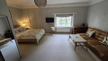 Una habitación con cama, sofá, una mesita, una silla, televisión y ventana con vistas al exterior.