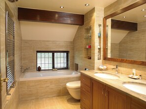 Hair dryer, towels, soap, toilet paper