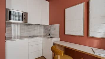 Fridge, microwave, stovetop, espresso maker