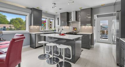 Top-level duplex featuring a sleek open concept kitchen with stainless appliances, cozy fireplace, stylish furnishings, and in-unit washer/dryer. Designed for basking in the sun under skylights in thoughtful details throughout.