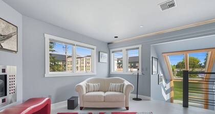 Top-level duplex featuring a sleek open concept kitchen with stainless appliances, cozy fireplace, stylish furnishings, and in-unit washer/dryer. Designed for basking in the sun under skylights in thoughtful details throughout.