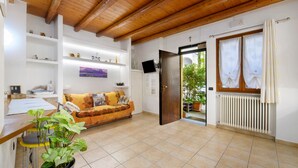 Una sala de estar con techo de madera, un sofá, un televisor y una puerta que da a un balcón.