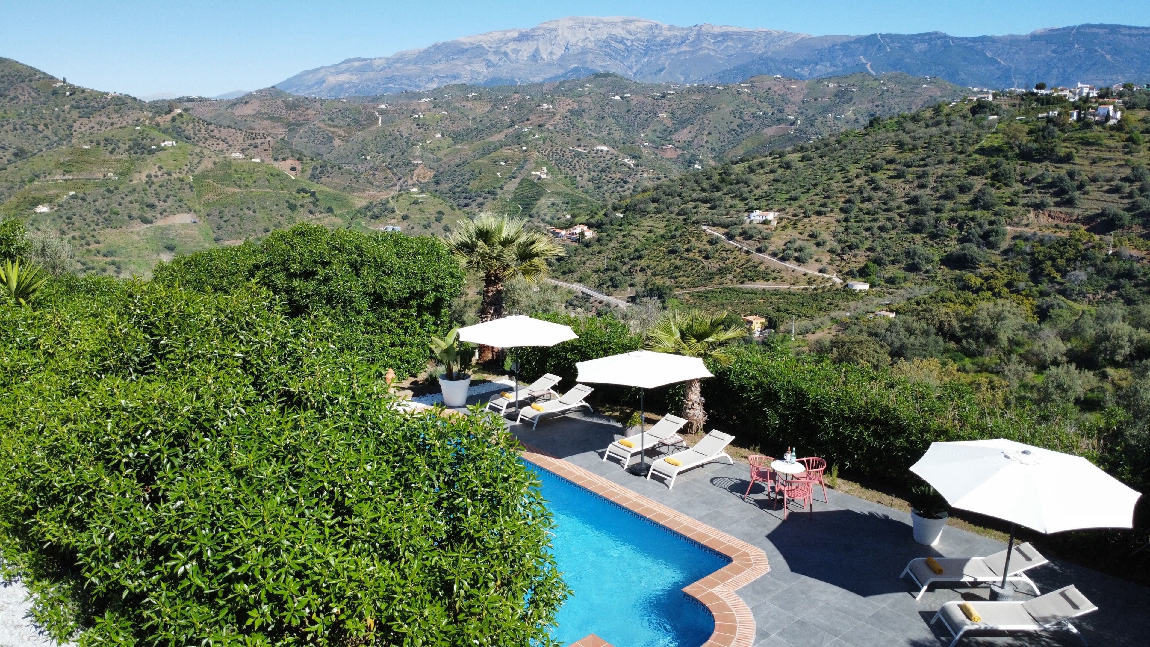 Piscine extérieure, parasols de plage, chaises longues