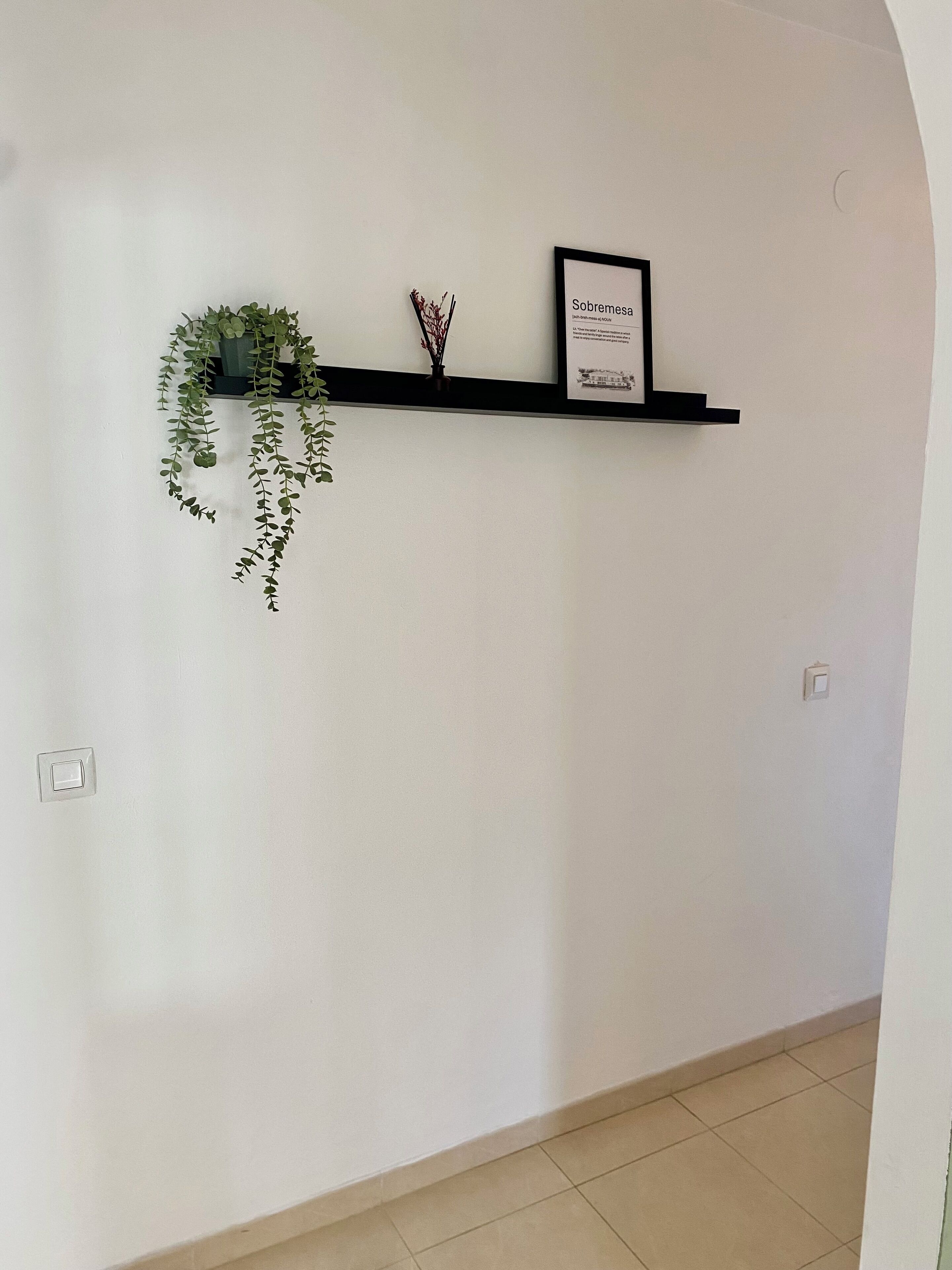Una pared blanca con un estante negro que sostiene una planta en maceta y un certificado enmarcado.