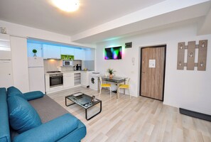 Un appartement moderne comprenant un salon, une cuisine et un coin repas.