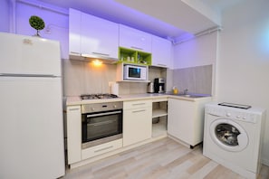 Luxury Apartment | Private kitchen | Fridge, microwave, stovetop, cookware/dishes/utensils