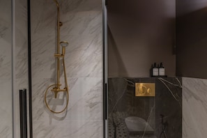 Shower, hair dryer, bidet, towels