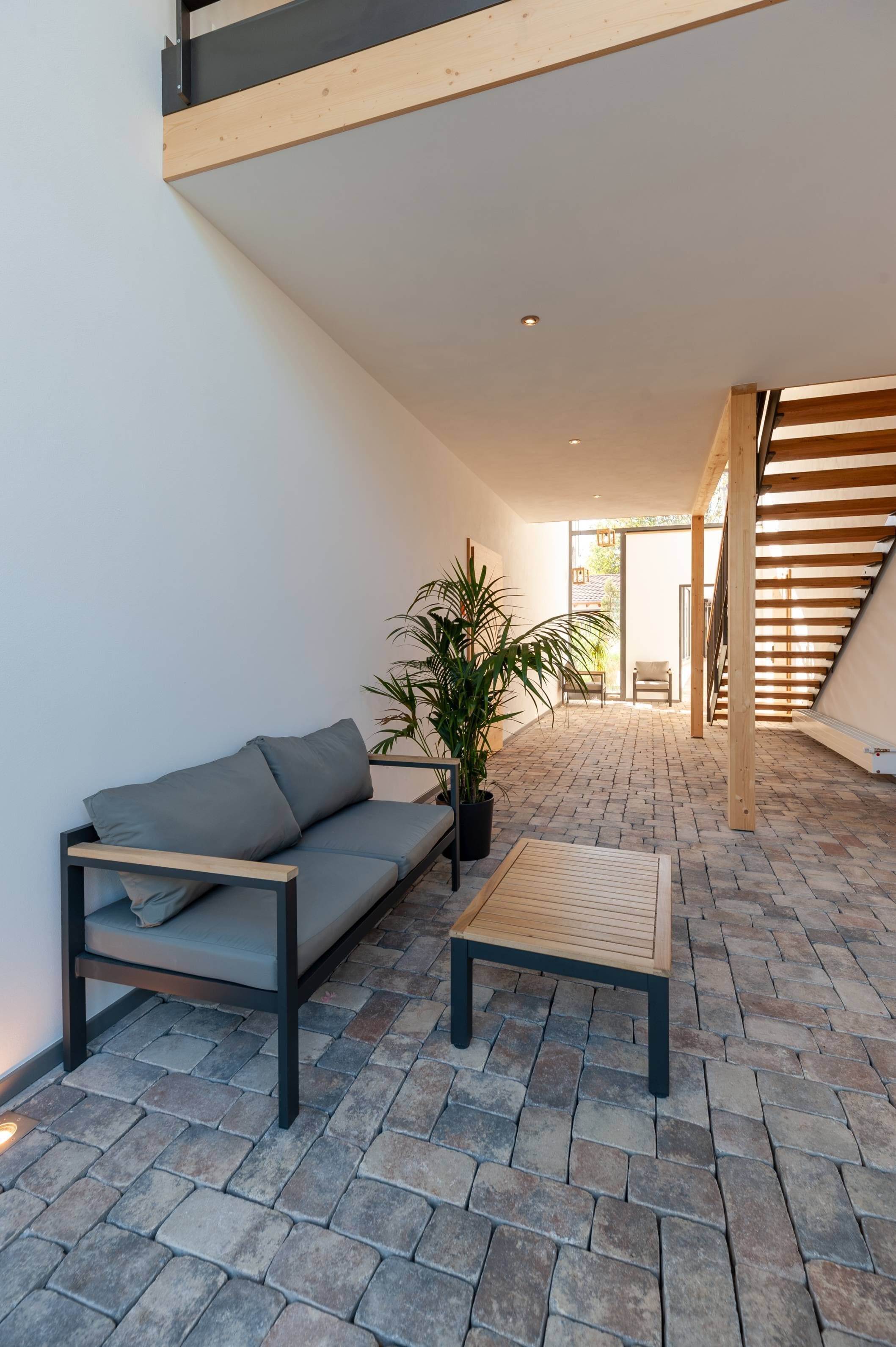 A modern interior with a sofa, a coffee table, and a potted plant.