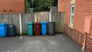 Un espace de stationnement avec quatre poubelles alignées contre une clôture en bois.