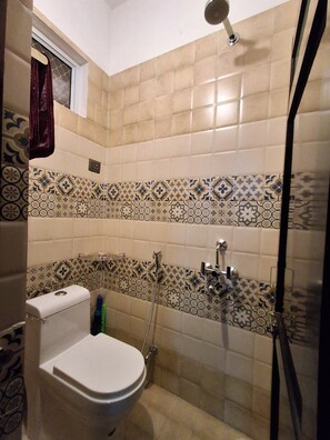 Shower, towels, soap, toilet paper