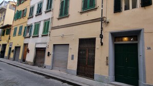 A row of multi-story buildings with green shutters, a gated entrance, and a cobblestone street.