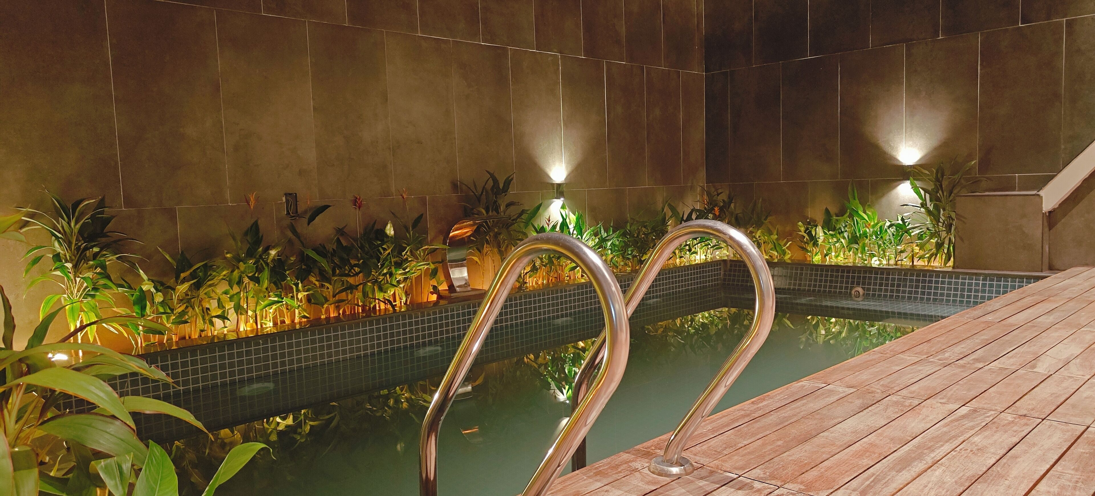 An indoor pool with metal railings, surrounded by potted plants and a tiled wall.