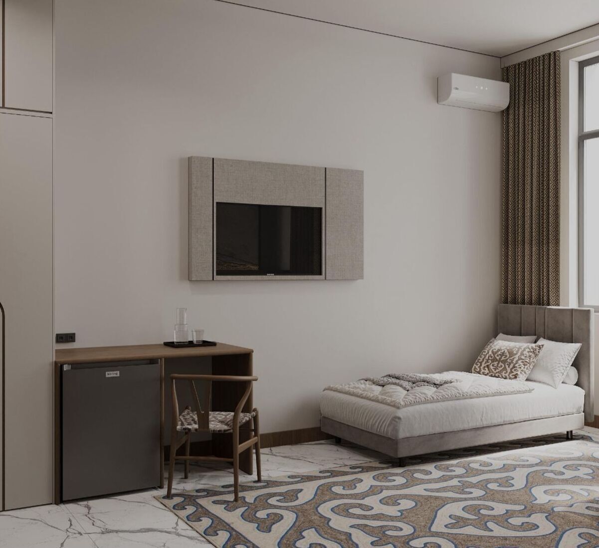 A compact hotel room with a bed, a desk, a chair, a television, and an air conditioning unit.