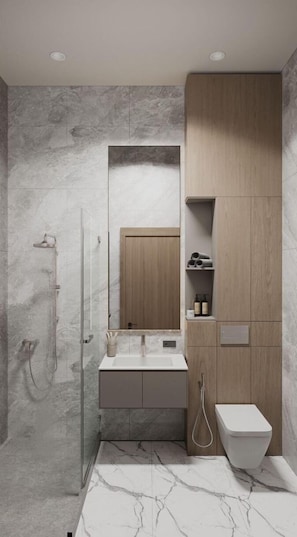 Shower, slippers, towels, soap