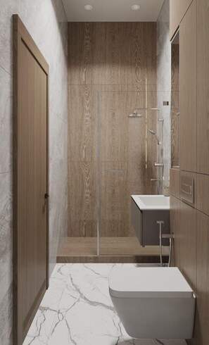 Shower, slippers, towels, soap