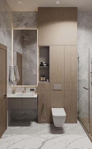 Dusche, Hausschuhe, Handtücher, Seife