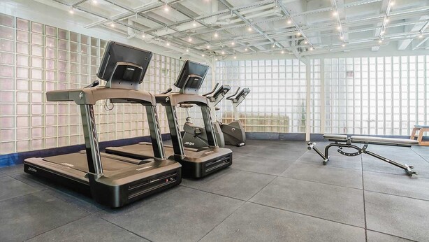 Un gimnasio con cintas de correr y una máquina de remo, ventanas amplias y un techo alto.