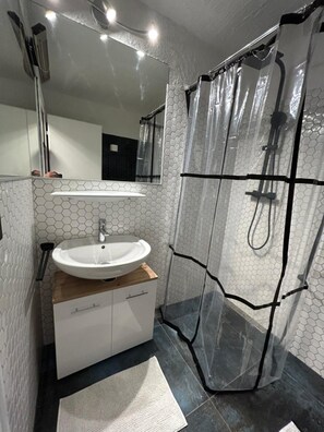 Douche, séchoir à cheveux, serviettes fournies, papier de toilette