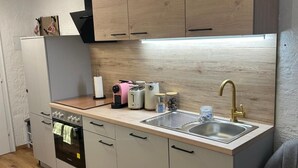 A compact kitchen with a built-in oven, a sink, and a range hood. - Studio "Andys Edelweiss" in Leutasch (Leutasch)