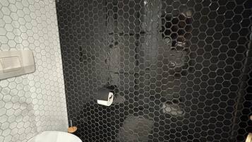 Shower, hair dryer, towels, toilet paper