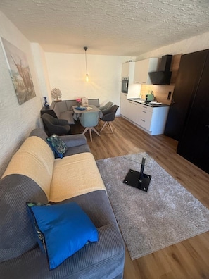 A compact living space with a sofa, a small dining table, a kitchen area, and a ceiling light fixture.