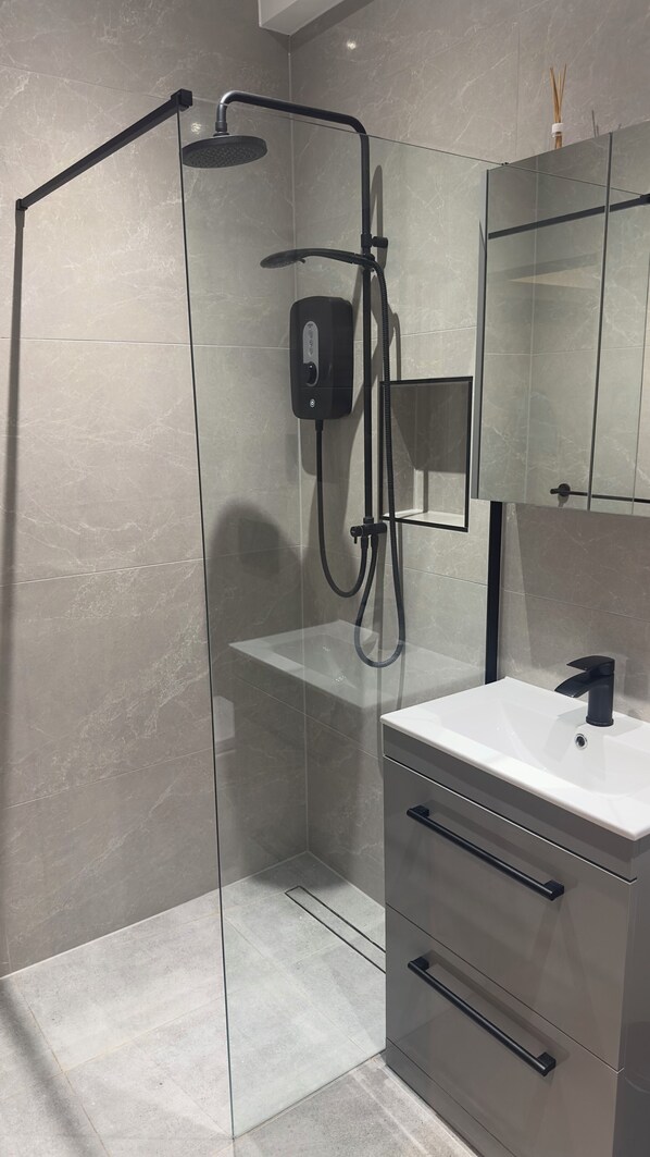 Shower, hair dryer, towels
