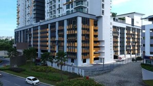 A modern multi-story building with a mix of residential and commercial spaces, featuring balconies and large windows.