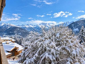 A mountain lodge with a view of snow-covered peaks and a clear sky.