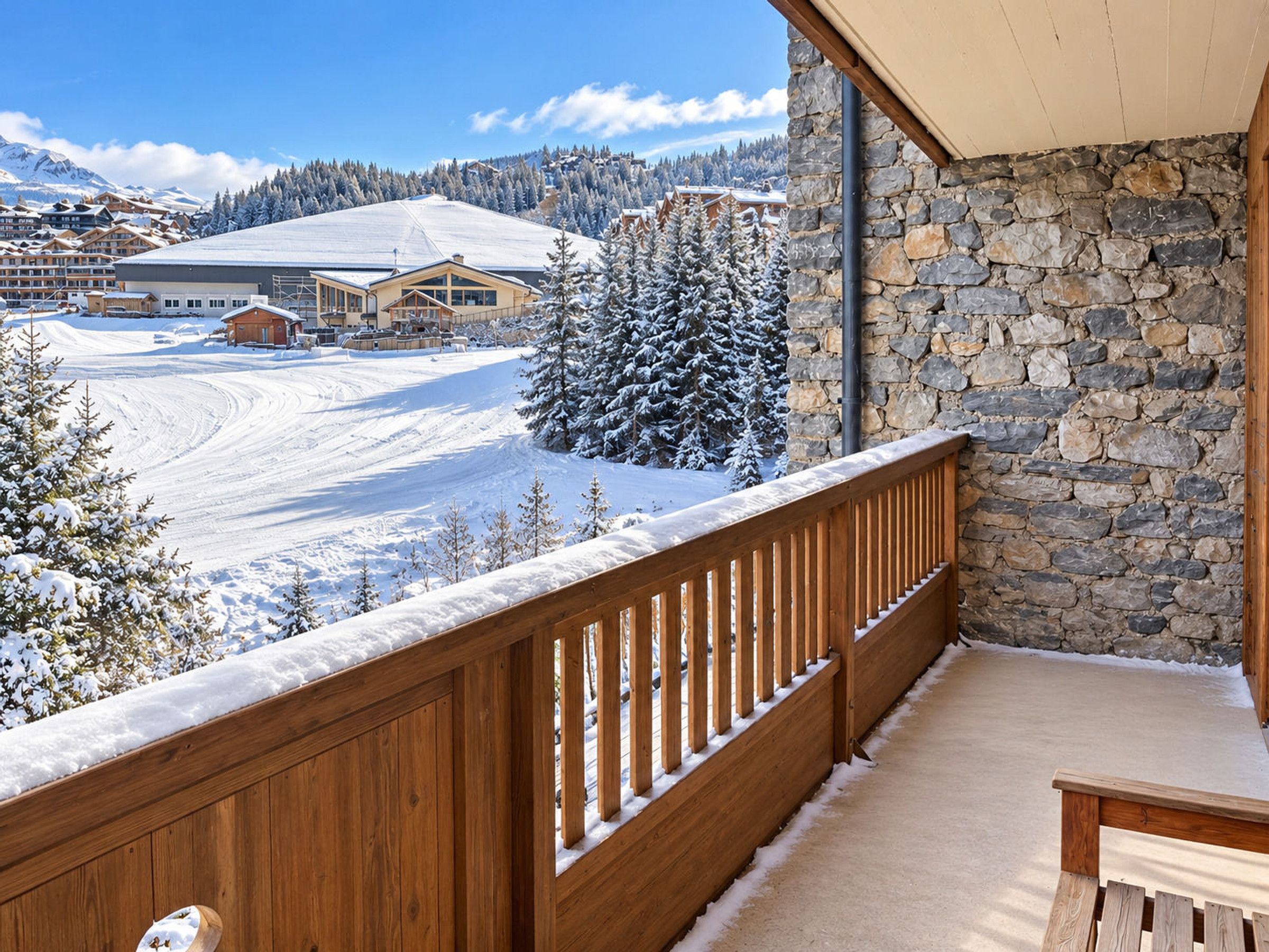 Un balcón de madera con un muro de piedra, con vistas a una pista de esquí nevada y edificios.