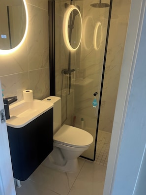 Douche, bidet, serviettes fournies, papier toilette
