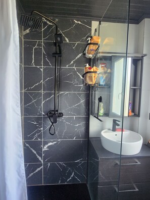 Shower, hair dryer, towels, soap