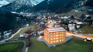 A modern building with multiple windows, surrounded by a green landscape and snow-capped mountains in the background.