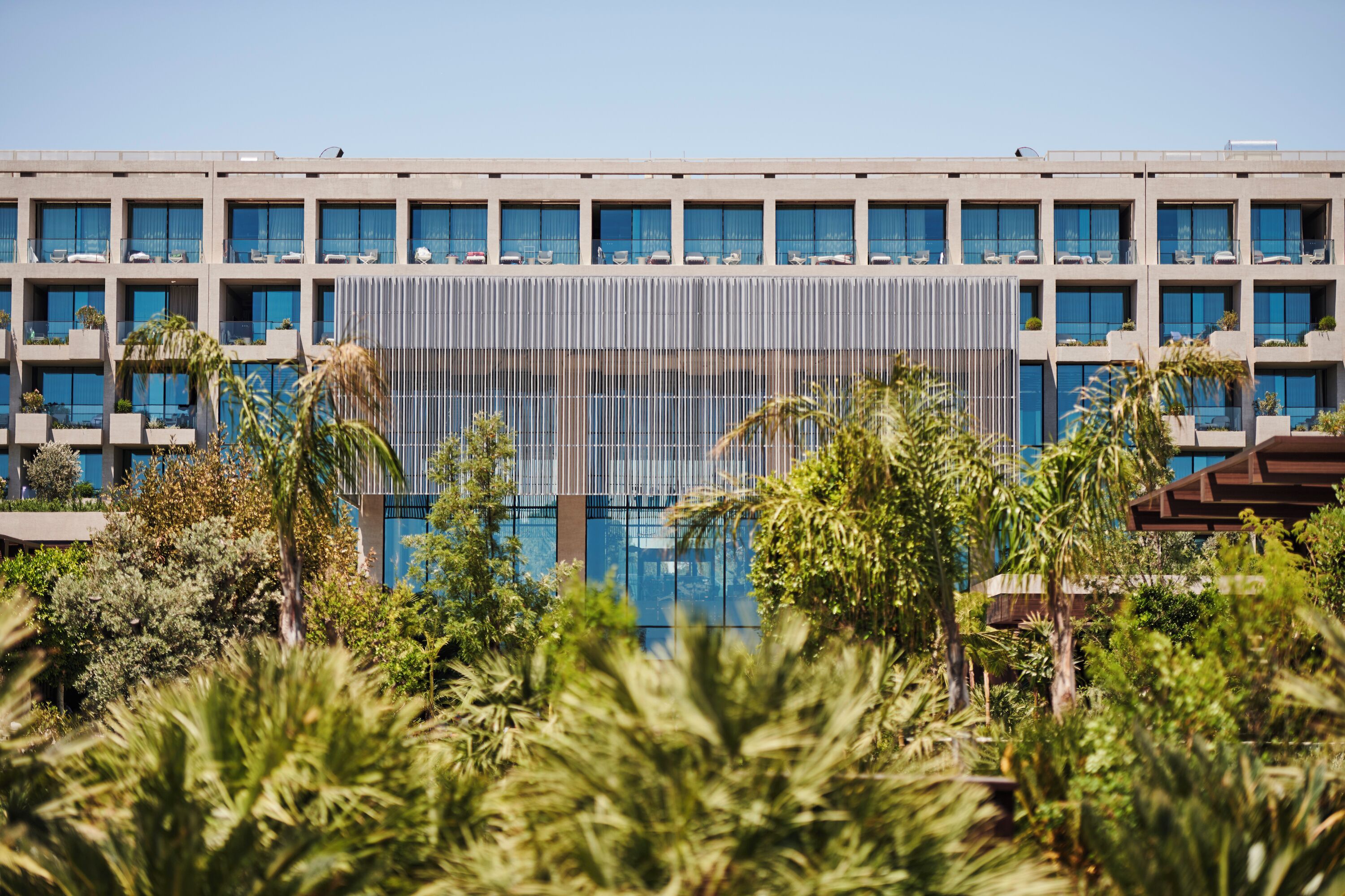 Un edificio moderno con piscina, rodeado de palmeras y vegetación.