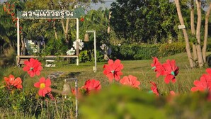 Un jardin avec des fleurs rouges et un panneau écrit dans une langue étrangère.