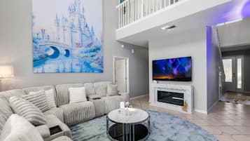 Smart TV, fireplace, video games, DVD player
